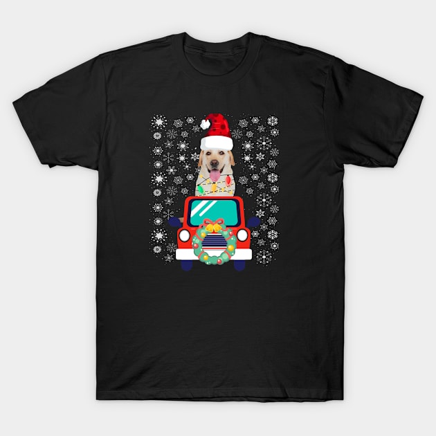 Christmas Labrador Retriever Dog red truck tree lights snow T-Shirt by Marcekdesign